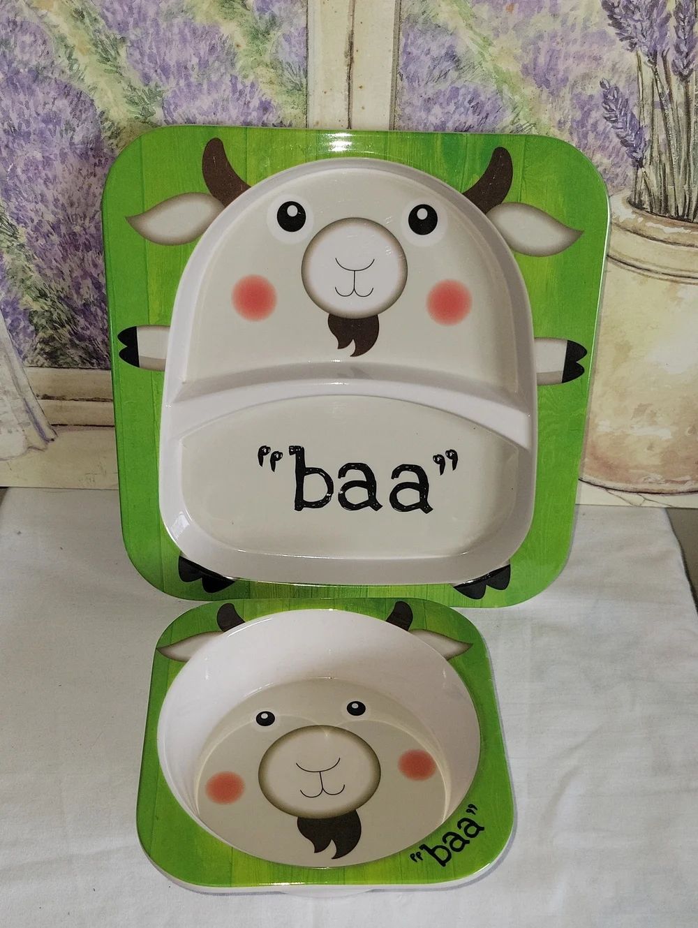 Cute Green Sheep Kids Plate & Bowl Set - 'baa' Design